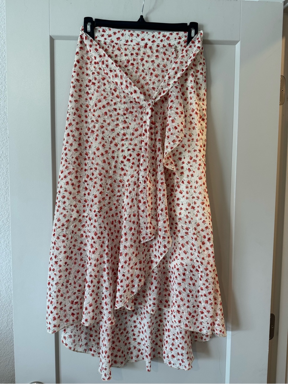 Hem & Thread Cream Wrap Skirt with Red Floral Print - NWOT